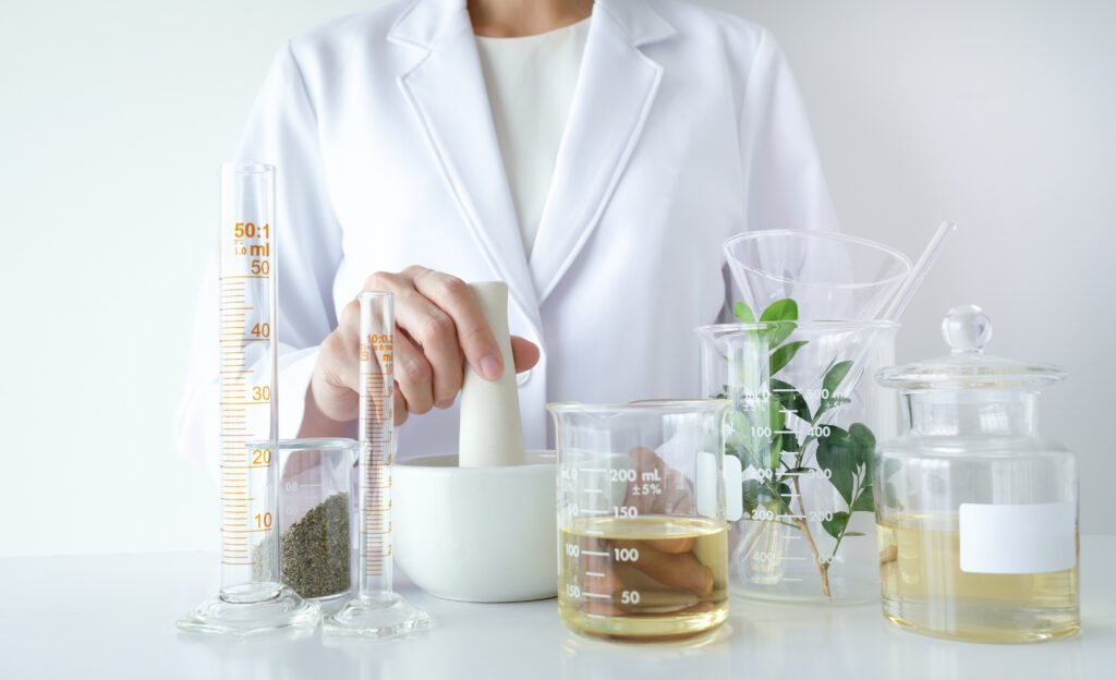 Scientist preparing natural skincare. Infographic debunking common beauty myths in skincare.