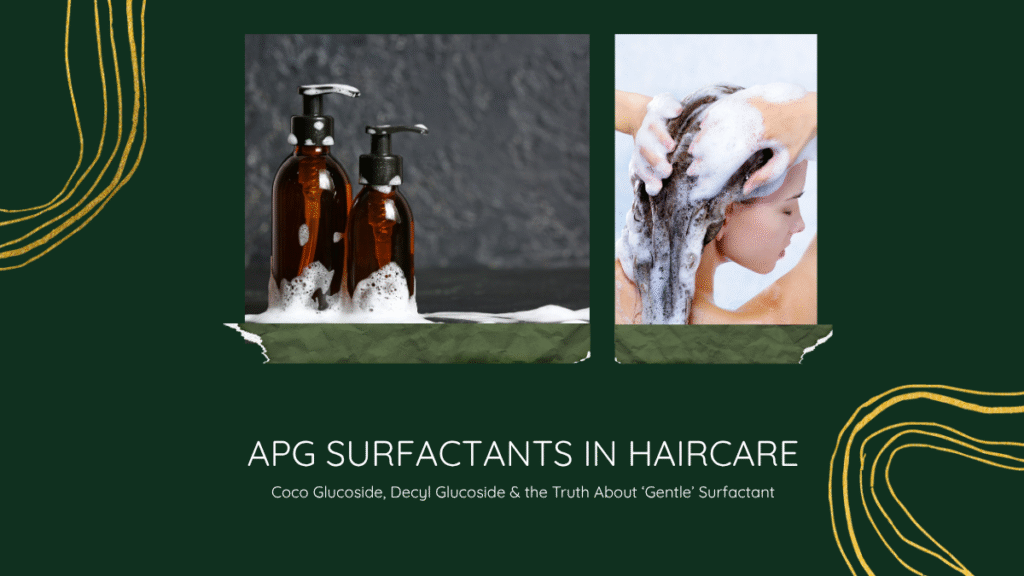Two bottles with foaming shampoo next to a person washing hair – visual concept for APG surfactants in haircare