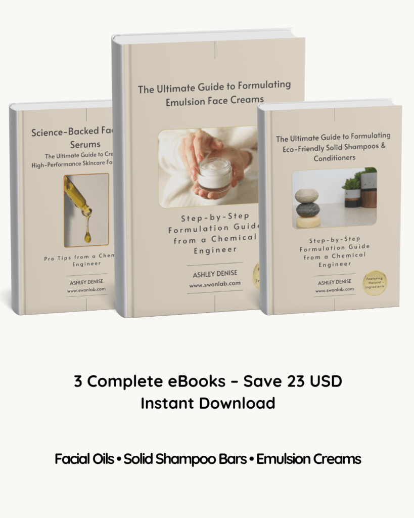 Full Formulation Starter Bundle mockup featuring three skincare formulation eBooks: facial oils, emulsion creams, and solid shampoo bars