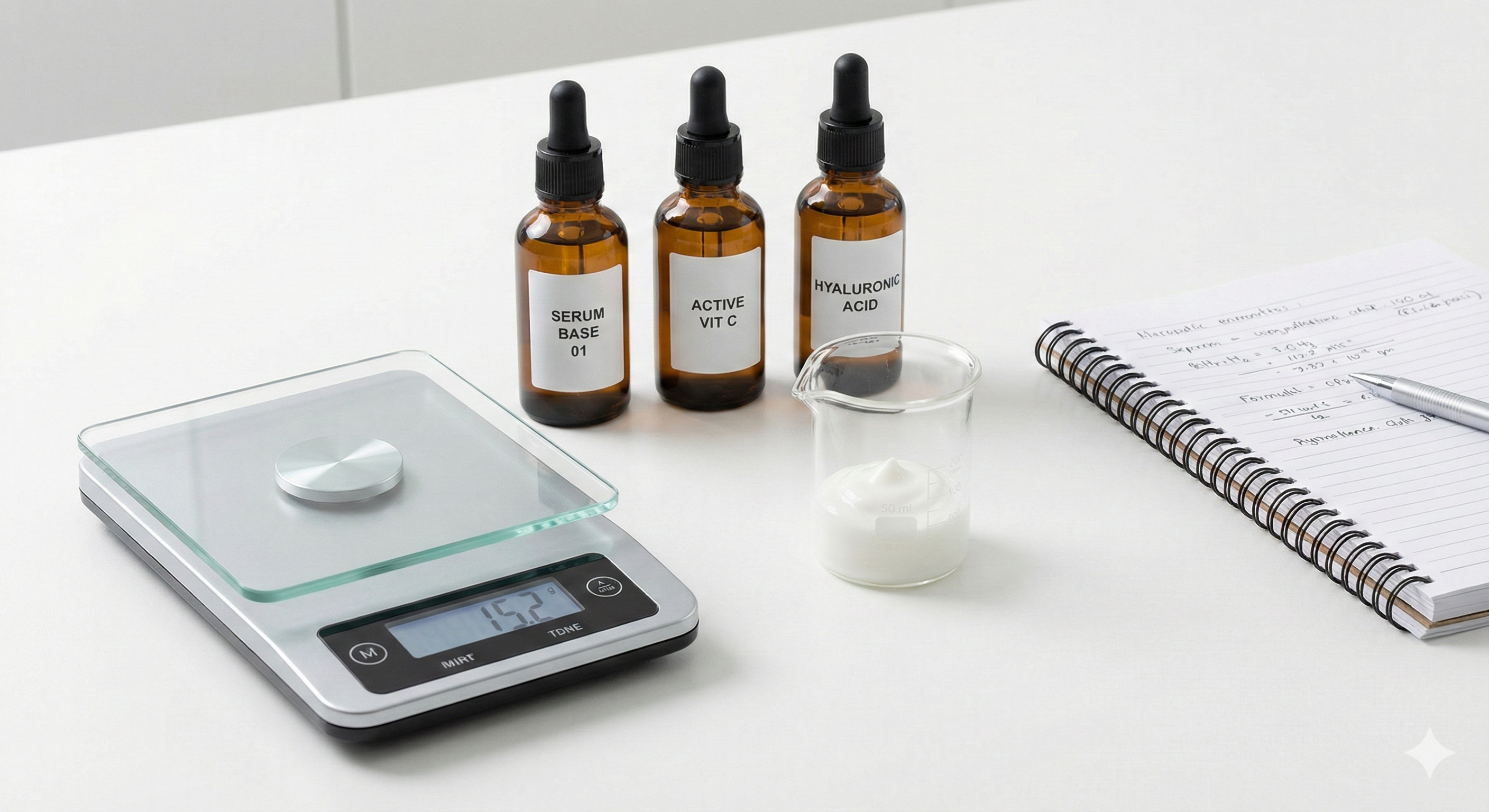 Essential skincare ingredients list for formulators displayed on a lab table, including carrier oils, emulsifiers, and preservatives for beginners.