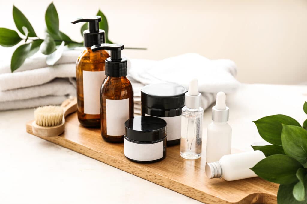 skincare market saturation concept with cosmetic bottles and skincare products