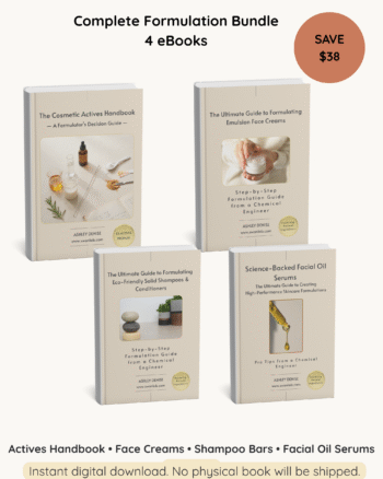 Complete Formulation Bundle by SwonLab, displayed as four professional eBook covers: The Cosmetic Actives Handbook (463 pages, 55 actives), Emulsion Face Cream Formulation Guide (340 pages, 10 formulas), Solid Shampoo and Conditioner Bar Formulation Guide (174 pages, 7 formulas), and Facial Oil Serum Formulation Guide (163 pages, 15 formulas). 1140 pages of cosmetic chemistry reference written by chemical engineer Ashley Denise for indie skincare brands.