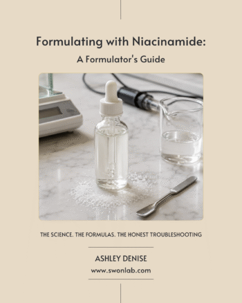 Cover of Formulating with Niacinamide: A Formulator's Guide by SwonLab, shown with a dropper bottle, analytical balance, beaker, and pH meter on a marble lab bench. A ~120-page digital PDF with 12 niacinamide formulas covering serums, a toner, a mist, an eye serum, and creams, with methods, pH and solubility guidance, EU regulatory context, and troubleshooting. Written by chemical engineer Ashley Denise. Instant download, no physical book included.