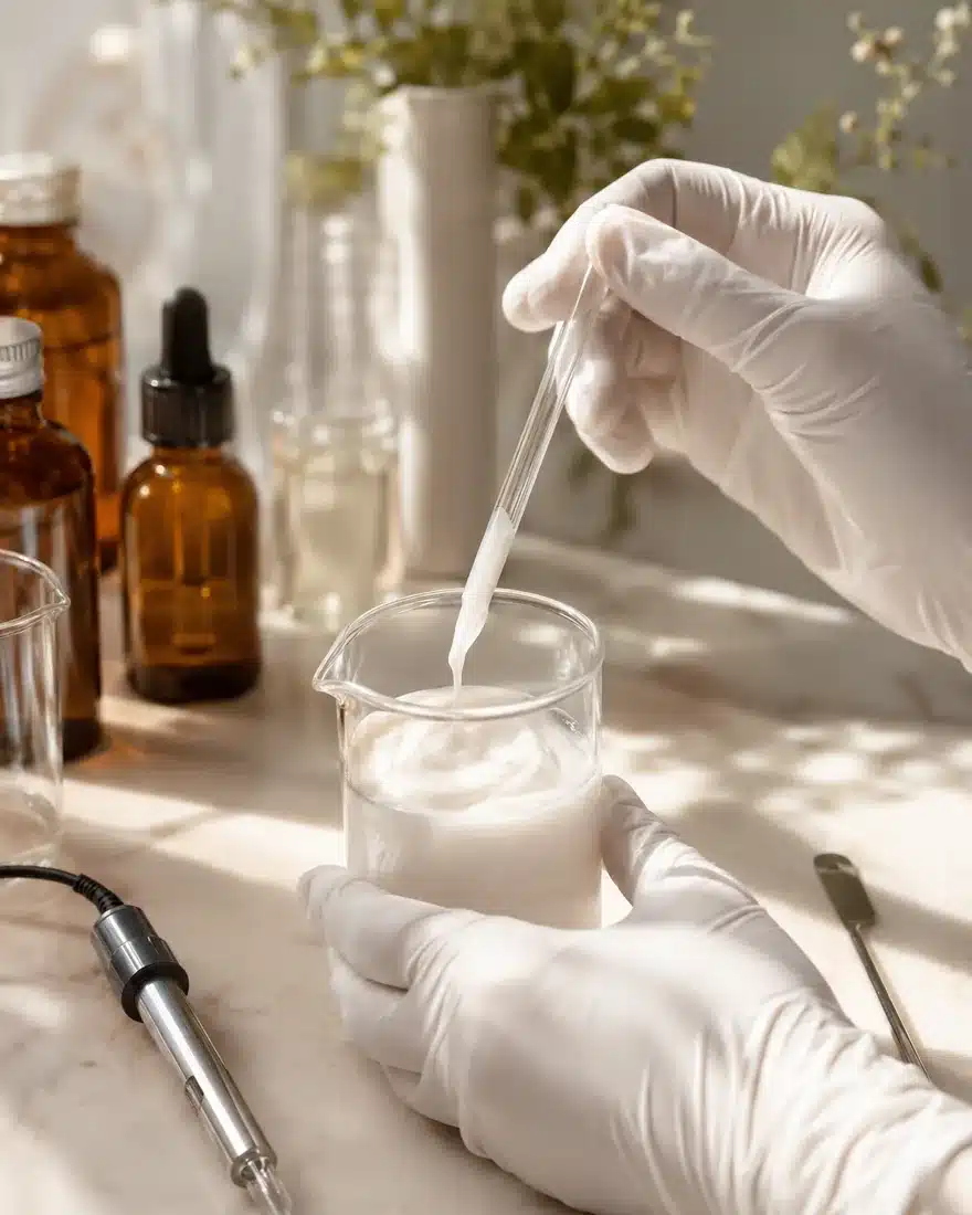 Cosmetic formulator's hands taking a sample from an emulsion with a pipette