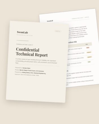 Example page from a SwonLab formulation audit report showing a stability and preservation risk table
