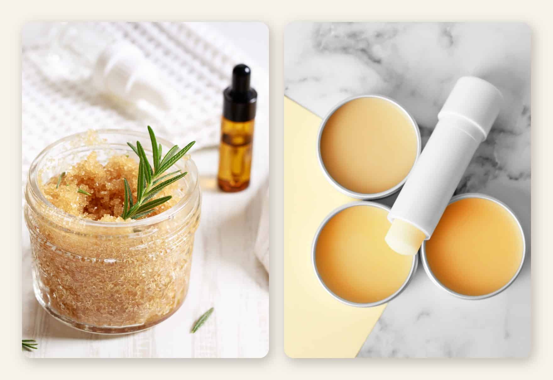 Handmade skincare made from SwonLab First Formulas: sugar scrub and lip balms